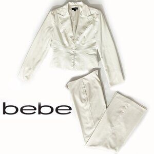 Bebe White Pant Suit w/Subtle Striped Pattern | Size 6 Jacket | Size 4 Pants